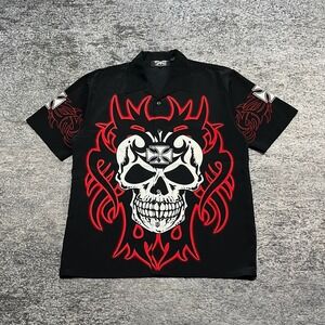 Vintage Y2K Dragonfly Button Up Shirt Mens XL Black Red Grunge Cyber Skull